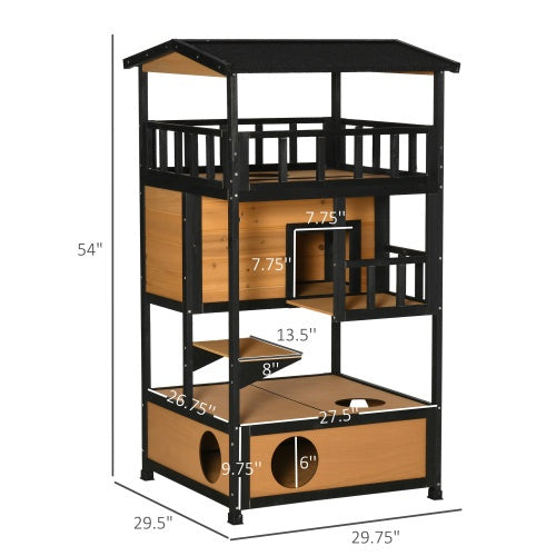Wooden Outdoor Cat House – 3-Tier Waterproof Kitten Tree with Balcony, Escape Door & Jump Platforms | Feral & Stray Cat Shelter