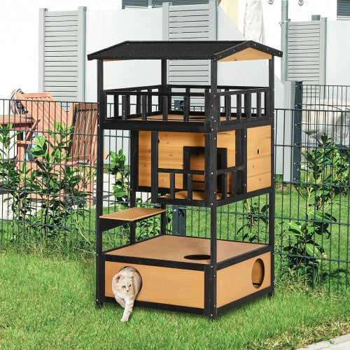 Wooden Outdoor Cat House – 3-Tier Waterproof Kitten Tree with Balcony, Escape Door & Jump Platforms | Feral & Stray Cat Shelter