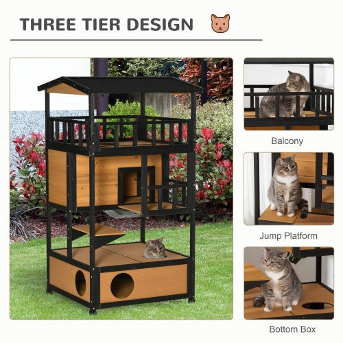 Wooden Outdoor Cat House – 3-Tier Waterproof Kitten Tree with Balcony, Escape Door & Jump Platforms | Feral & Stray Cat Shelter