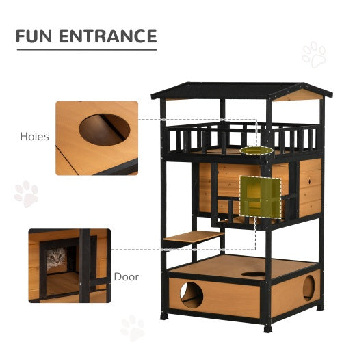 Wooden Outdoor Cat House – 3-Tier Waterproof Kitten Tree with Balcony, Escape Door & Jump Platforms | Feral & Stray Cat Shelter